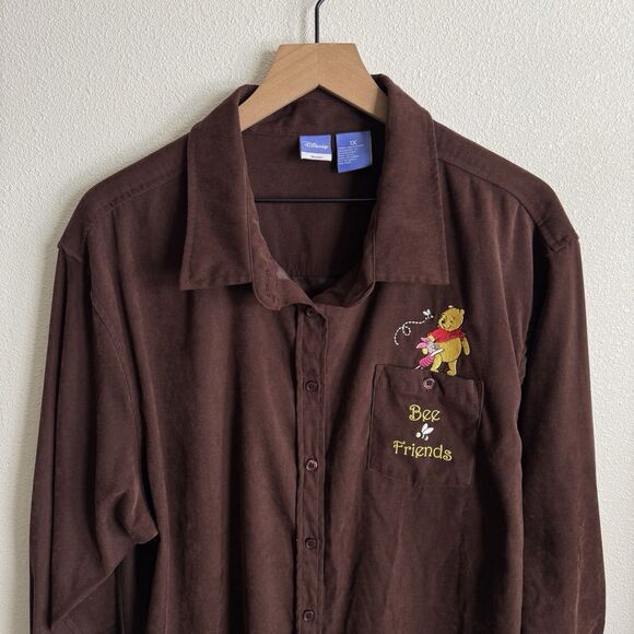 Vintage Disney Top Womens 1X Brown Button Up Shirt Winnie The Pooh Embroidered - Picture 2 of 12